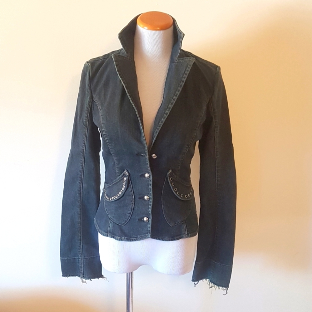 NWOT Guess Dark Denim Blazer Jacket with Asymmetrically Designed Pockets
